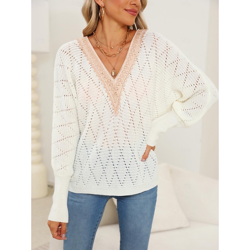 Women's Sweater Elegant Daily Solid Color V Neck Lace Patchwork Long Sleeve Regular Tops Knit Home Work Black White Fall Winter2
