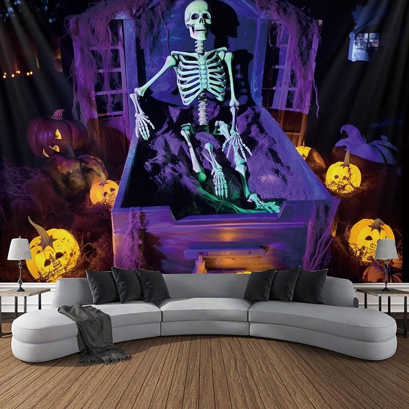 Halloween Decorations Skeleton Blacklight Tapestry UV Reactive Glow in the Dark Glow Party Trippy Misty Pumpkin Lights Hanging Tapestry Wall Art Mural for Living Room Bedroom2