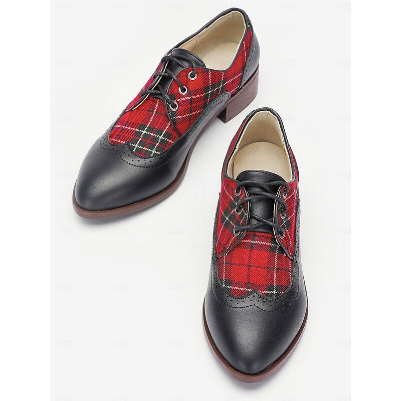 Women's Black Leather Oxford Shoes with Red Tartan Plaid Panels - Vintage Style for Formal and Casual Wear4