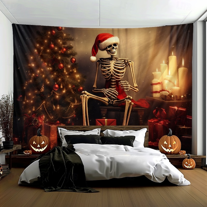 Hanging Tapestry Skull Christmas Hat Wall Art Large Tapestry Mural Decor Photograph Backdrop Blanket Curtain Home Bedroom Living Room Decoration3