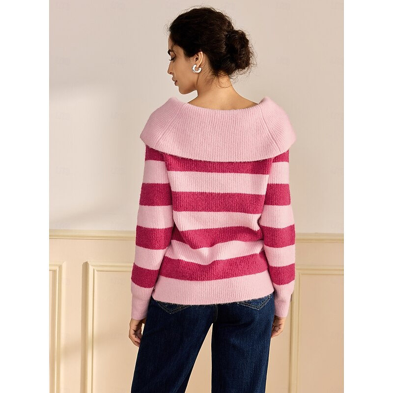 Off Shoulder Ribbed Knit Wool Blend Fall / Winter Causal Rose Red Sweater2