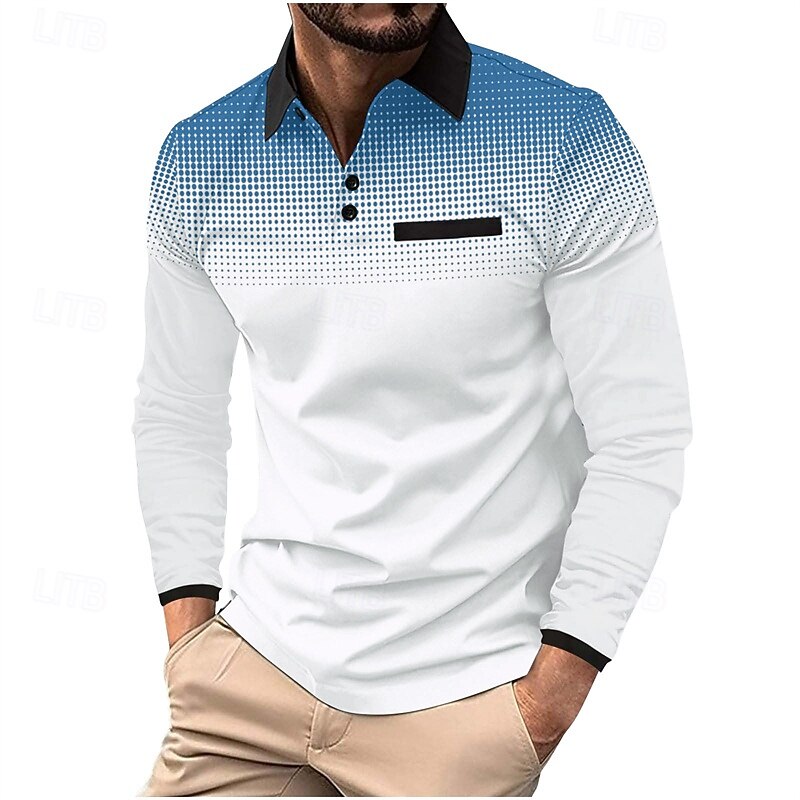 Men's Golf Shirt Golf Polo Work Casual Lapel Long Sleeve Basic Modern Polka Dot Color Block Patchwork Button Spring &  Fall Regular Fit Iron Gray Wine White Light Green Pink Red Golf Shirt2