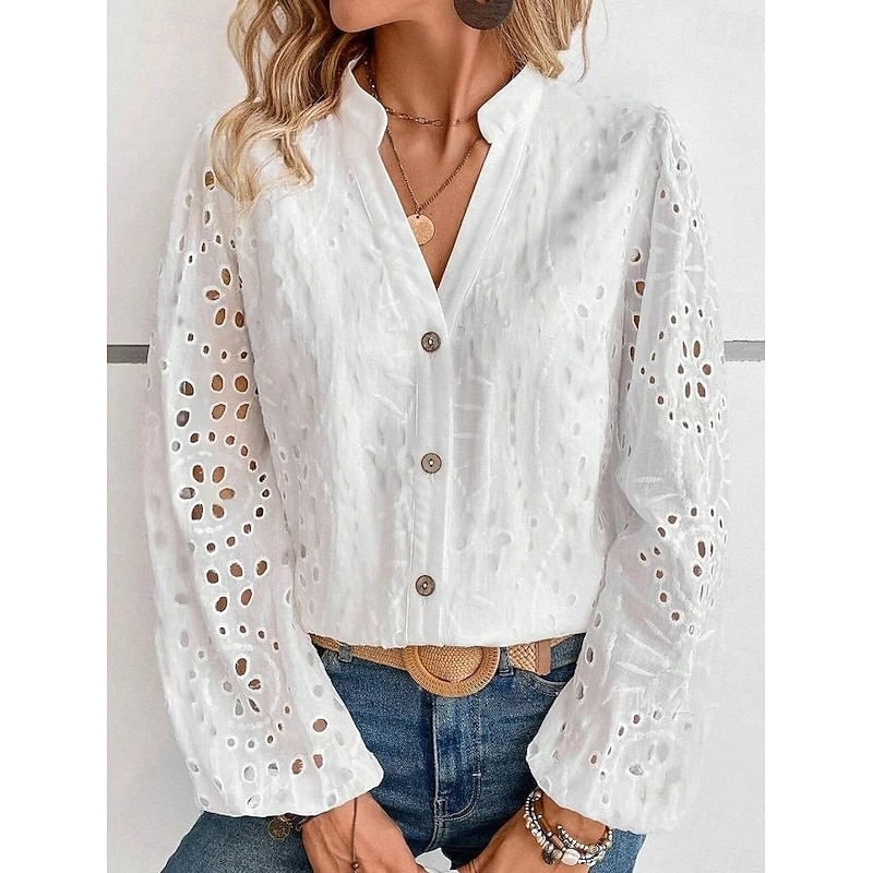 Women's Blouse Cotton Elegant Stylish Modern Solid Color Embroidered Hollow Out Lantern Sleeve Long Sleeve Regular Tops V Neck Daily White Spring Fall Winter2