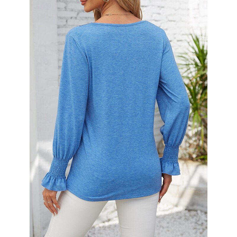 Women's Tunic Elegant Solid Color Lace Butterfly Sleeve Long Sleeve Regular Tops V Neck Daily Pink Blue Green Khaki Spring Fall4