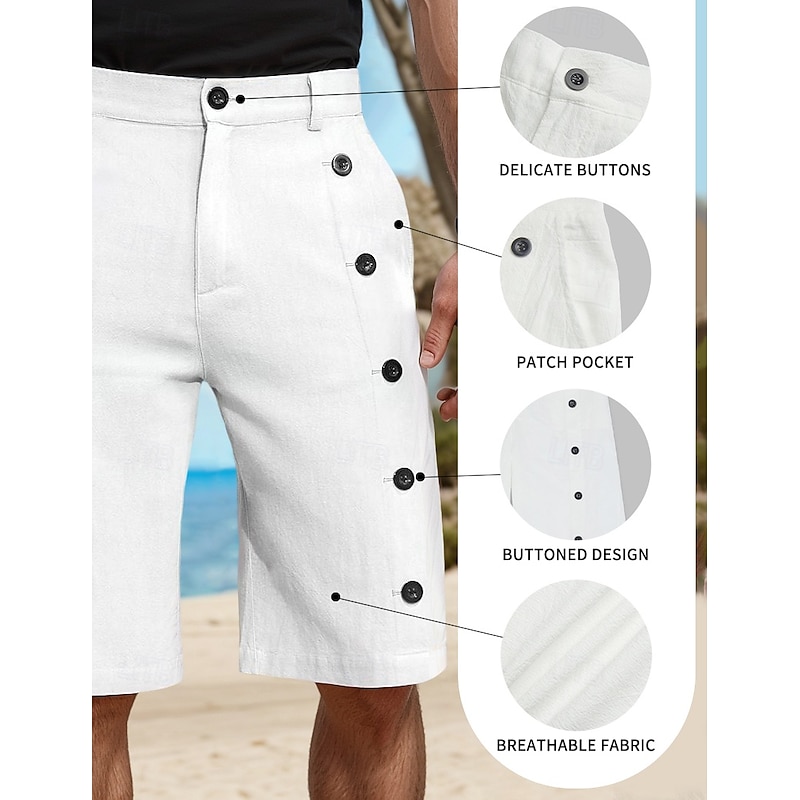 Men's Shorts Linen Shorts Summer Shorts Pocket Side Button Straight Leg Solid Color Comfort Breathable Knee Length Casual Daily Vacation Fashion White Green Inelastic2
