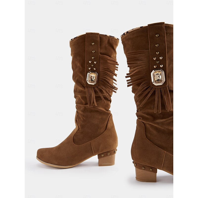 Women's Brown Suede Fringe Mid-Calf Boots with Studded Details – Western Cowboy Boots for Fall and Winter4