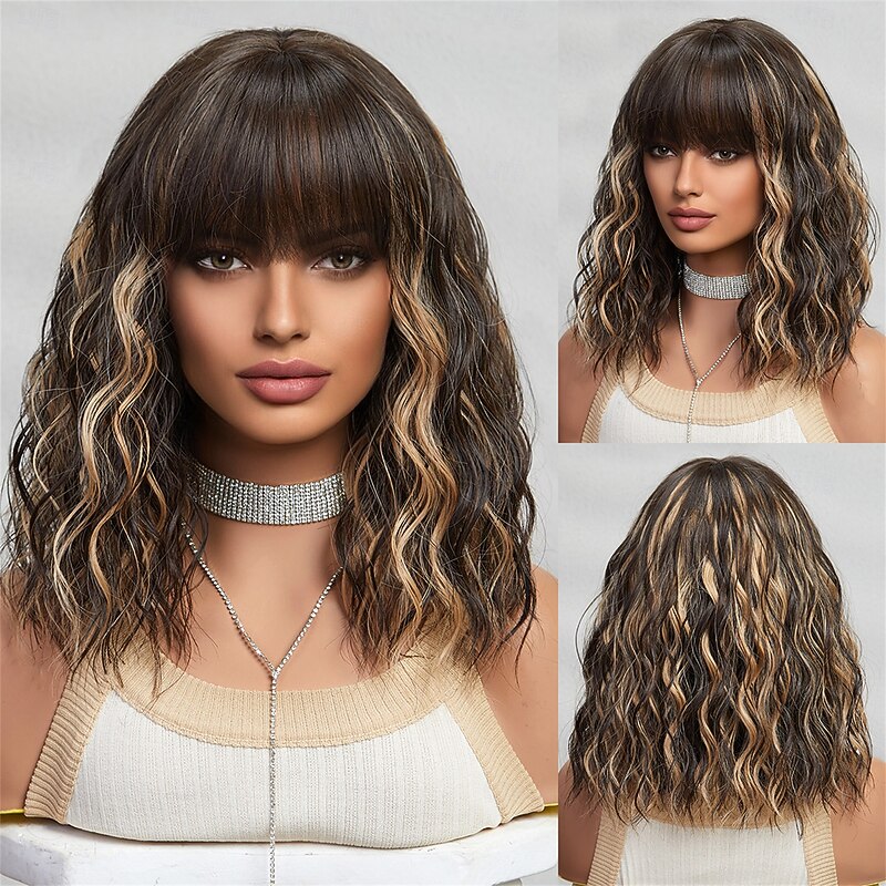 Cosplay Costume Wig Curly Bouncy Curl Bob Neat Bang With Bangs Wig 14 inch Black / Gold Synthetic Hair Women's Elastic Adorable Comfortable Black / Blonde