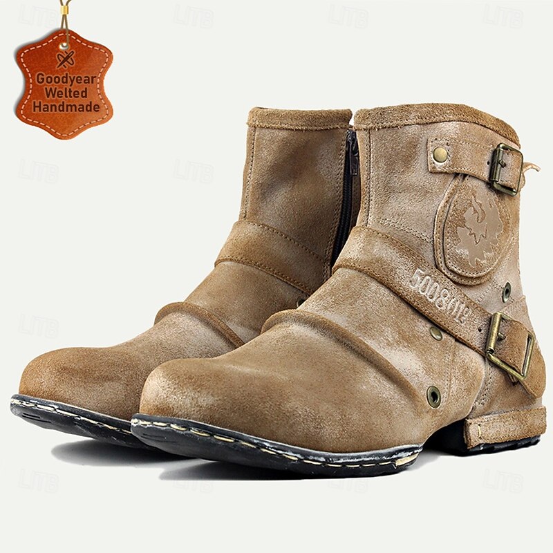 Men's Distressed Suede Leather Motorcycle Boots with Vintage Buckle Straps - Rugged Biker Style