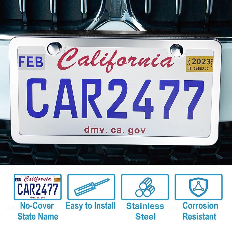 Solid Silver Rust-Proof Car License Plate Frames Universal Stainless Steel Holder with Screws & Caps US Standard 2PCS3