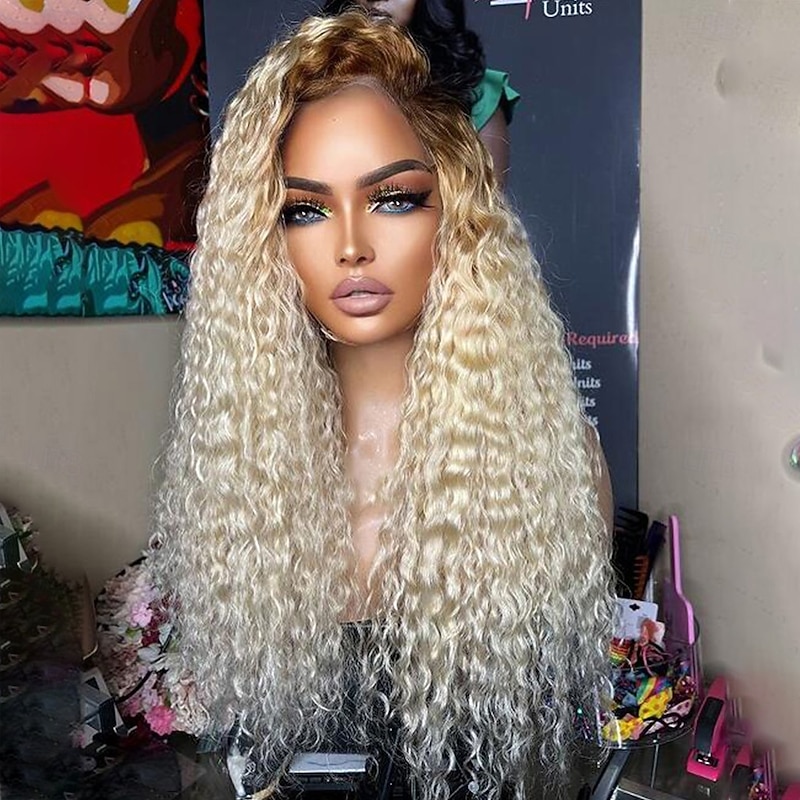 Remy Human Hair 13x4 Lace Front Wig Free Part Brazilian Hair Curly Water Wave Blonde Wig 130% 150% Density with Baby Hair Ombre Hair 100% Virgin Glueless Pre-Plucked For Women Long Human Hair Lace Wig4