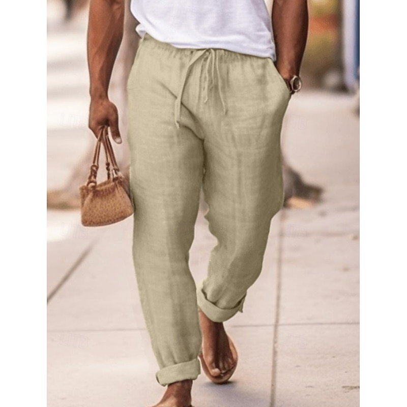 Men's Linen Pants Trousers Summer Pants Drawstring Elastic Waist Plain Comfort Soft Full Length Daily Going out Beach Fashion Simple Navy Blue Sky Blue Micro-elastic2