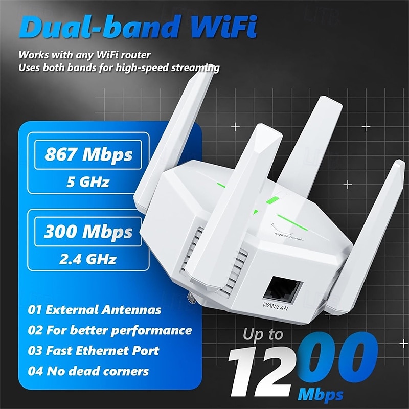 WiFi Extenders Signal Booster WiFi Extenders Signal Dual Band WPS 5GHz & 2.4GHz for Home Ethernet Port Internet WiFi Booster Repeater