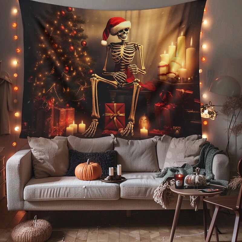 Hanging Tapestry Skull Christmas Hat Wall Art Large Tapestry Mural Decor Photograph Backdrop Blanket Curtain Home Bedroom Living Room Decoration