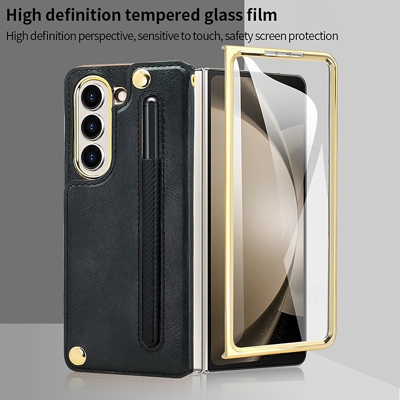 Phone Case For Samsung Galaxy Z Fold 6 Z Fold 5 Z Fold 4 Back Cover with Stand Holder with Screen Protector with Wrist Strap Retro TPU PU Leather4