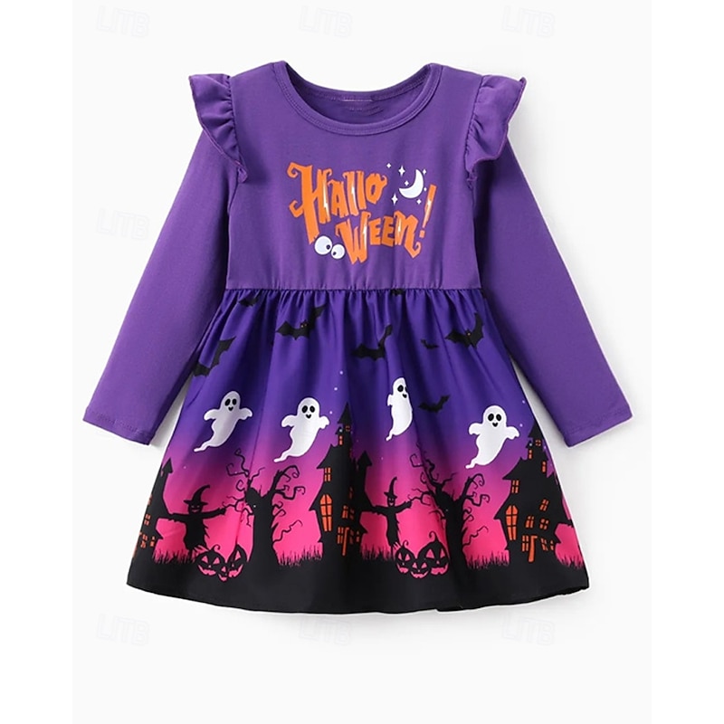 Halloween Girls' 3D Graphic Ghost Dress Ruffle Dress Long Sleeve Summer Spring Daily Holiday Vacation Princess Beautiful Sweet Kids 4-12 Years Casual Dress A Line Dress Knee-length Polyester Regular