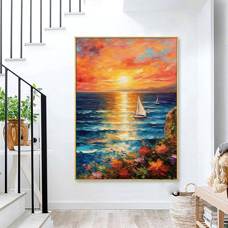 Handmade Oil PaintingCanvasWall Art DecorationAbstract Knife PaintingSea View Warm ColorsFor Home Decor Rolled Frameless Unstressed Painting