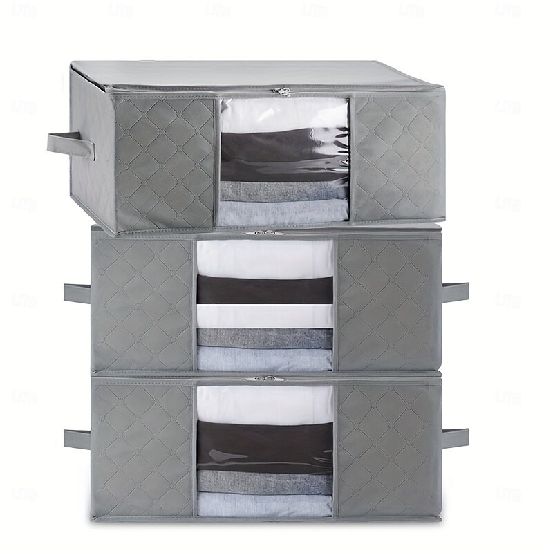 1/2/3pcs Foldable Storage Bag Set with Handles & Lids - Versatile Organizer for Clothes Bedroom Kitchen Bathroom Supplies - Durable Non-Woven Fabric TSA Approved - Gray2