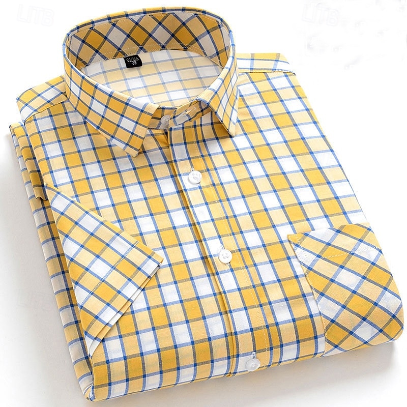 Men's Dress Shirt Stripes and Plaid Office & Career Office Party Light Blue Black Dark Red Yellow Short Sleeve Turndown Spring & Summer Clothing Apparel