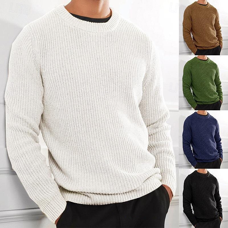Men's Pullover Sweater Jumper Knit Sweater Ribbed Crochet Knit Regular Knitted Plain Crew Neck Fashion Basic Daily Wear Date Clothing Apparel Fall & Winter Black White S M L