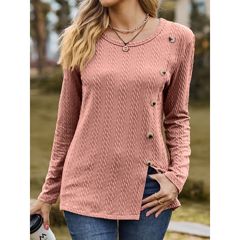Women's Going Out Tops Stylish Basic Solid Color Buttons Asymmetrical Long Sleeve Regular Tops Crew Neck Daily Dusty Rose Spring Fall Winter2