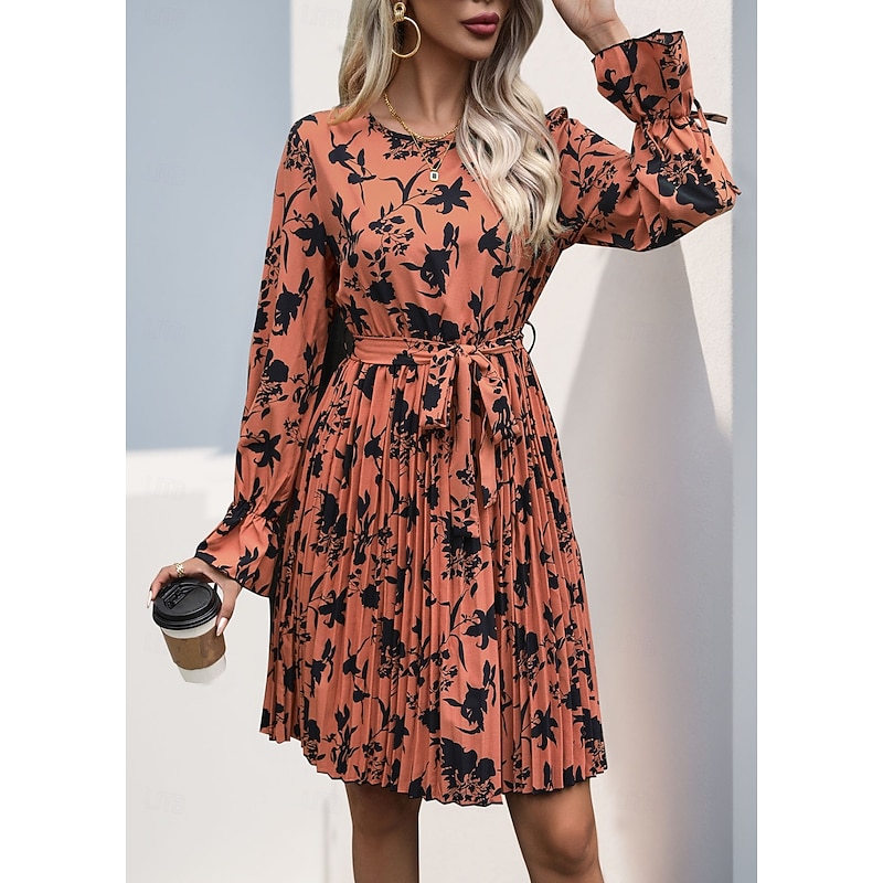 Women's Floral Graphic Crew Neck Mini Dress Long Sleeve Spring Fall3