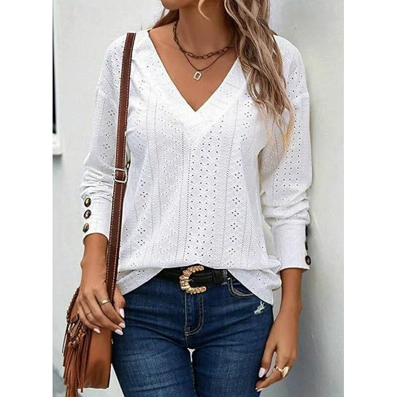 Women's Blouse Elegant Stylish Modern Hollow Out Long Sleeve Regular Tops V Neck Work Daily Black White Pink Brown Spring Fall Winter