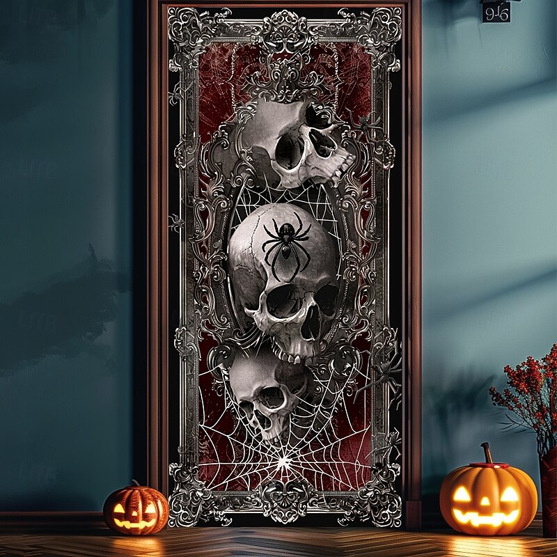 Door Decorations  Door Covers Skulls Door Tapestry Door Curtain Decoration Backdrop Door Banner for Front Door Farmhouse Holiday Party Indoor Outdoor Decor Supplies Spider Net4