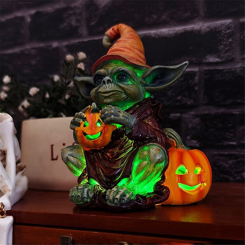 Halloween Decorations Light Up Pumpkin Lantern Elf Resin Craft Decoration Home Desktop Luminous Goblin Doll Decoration LED Night Light Holiday Party Decoration Light  1PC3