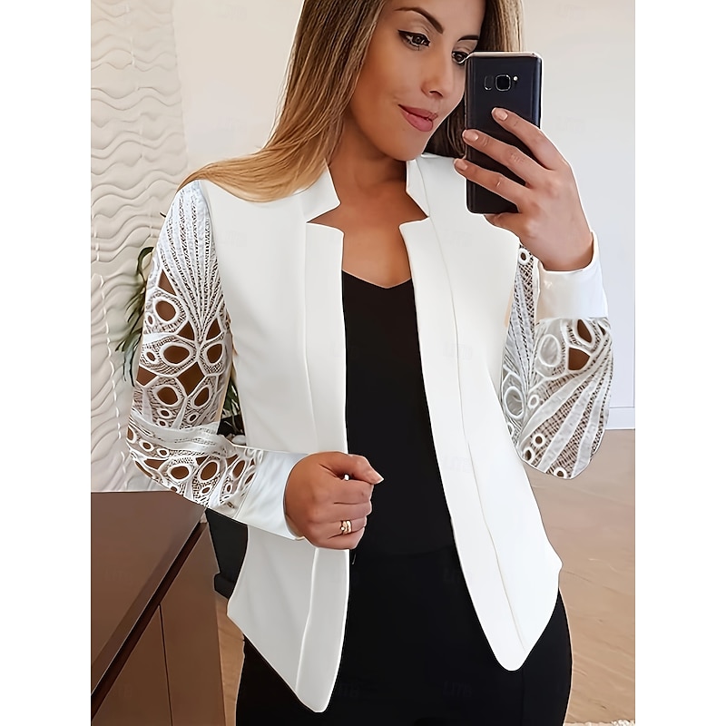 Women's Jacket Party Lace Solid Color Windproof Fashion Regular Fit Outerwear Long Sleeve Summer White S