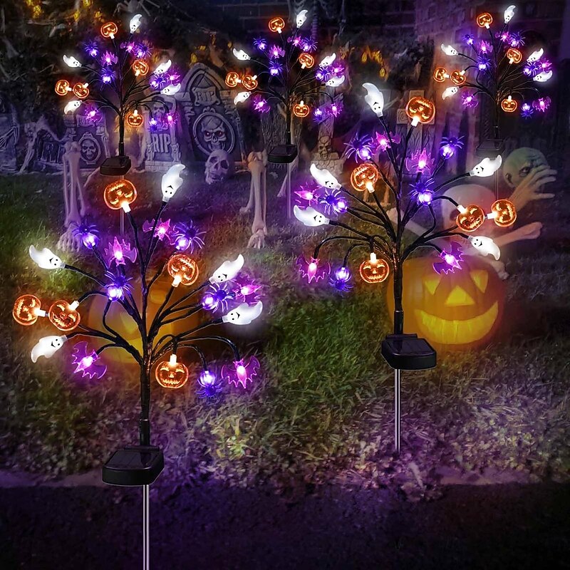 1/2PCS Solar 3D Pumpkin Bat Ghost Spider Halloween Pathway Lights Solar Halloween Decorations Outdoor Lawn Lights 20LEDs Waterproof Yard Patio Path Grave Halloween Decoration light2