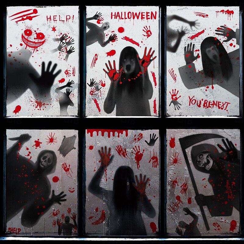 6 Sheets Halloween Window Cling Sticker Decals Decorations Double Side, Bloody Handprint Static Stickers for Halloween Party, Store Window Ghost Shadow Horror Decals2