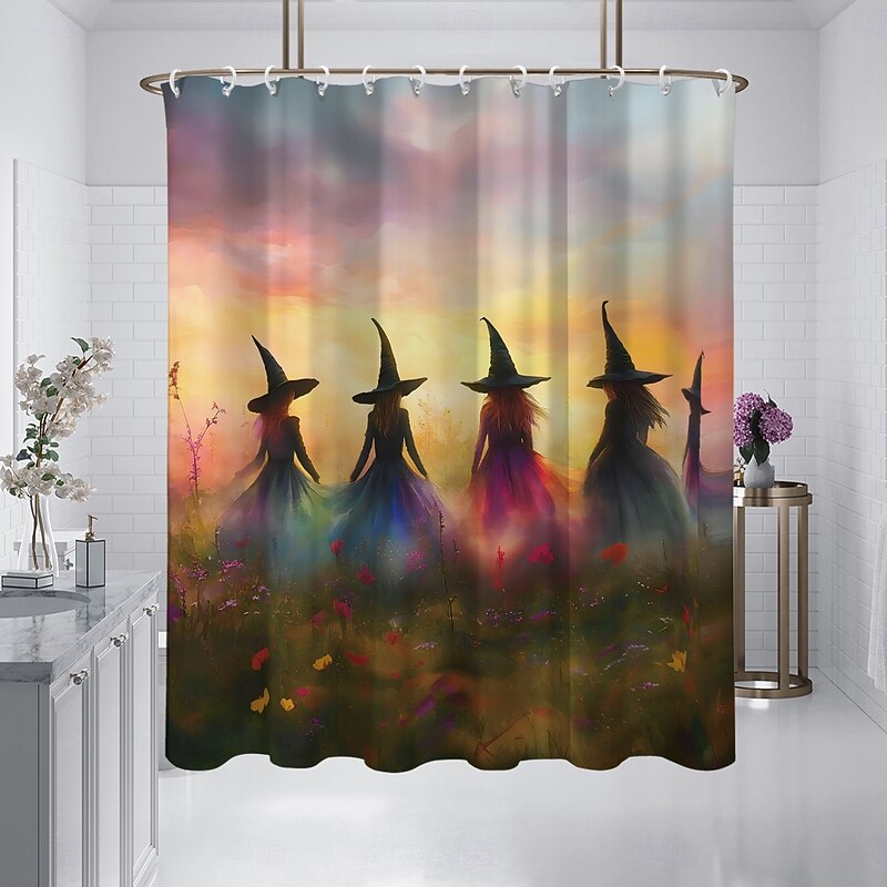 Oil painting Halloween witch shower curtain modern machine washable waterproof polyester fabric for bathroom decoration bathtub with 12 hooks