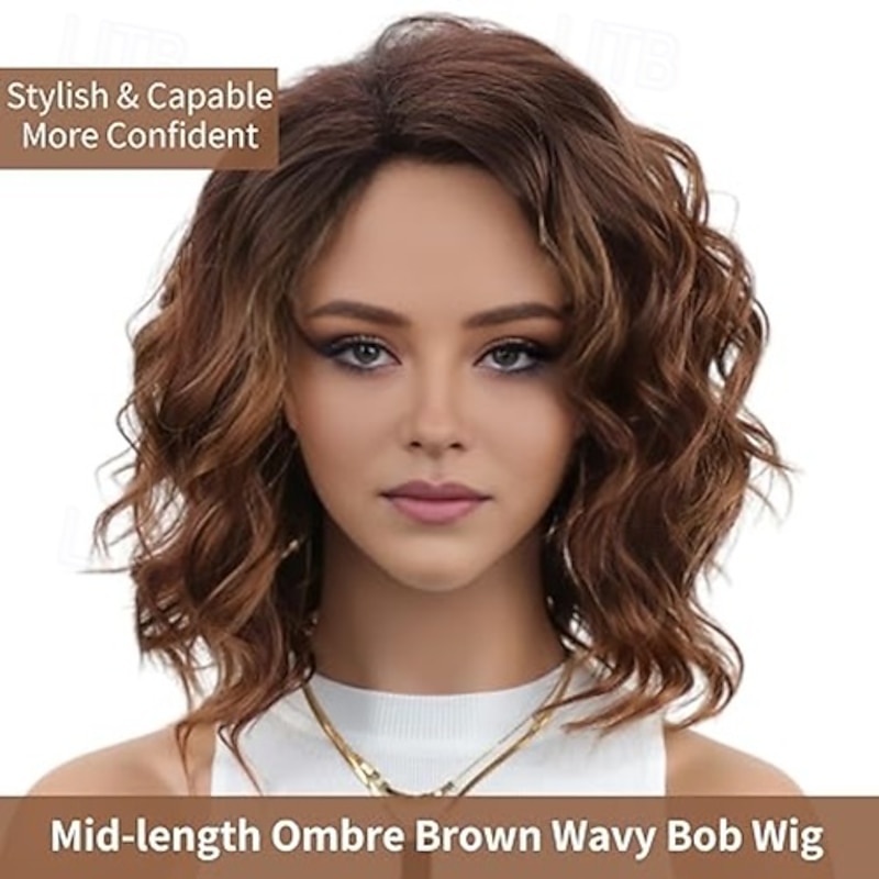 Layered Short Wavy Bob Wig Curly Wigs for Women Side Part  Heat Synthetic Wig3