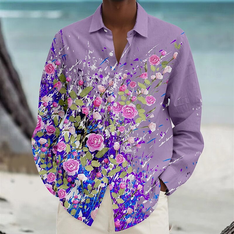 Men's Floral Beach Shirt Button Up Shirt Long Sleeve Hawaiian Casual Vacation Daily Fall Spring & Summer Collared Shirts 3D Print White Pink Blue Purple Green - Main Image