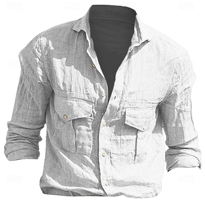 Men's Summer Shirt Beach Shirt Plain Casual Daily Black White Light Green Khaki Long Sleeve Lapel Spring & Summer Clothing Apparel Front Pocket2