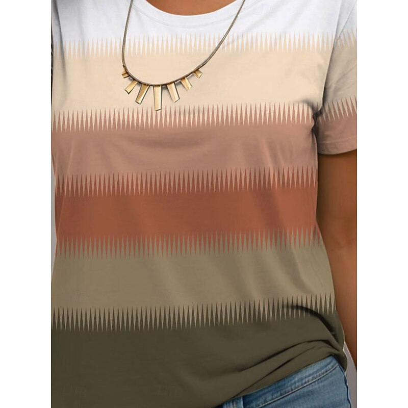 Women's T Shirt Casual Ombre Color Block Print Short Sleeve Regular Tops Round Neck Daily Brown Summer3