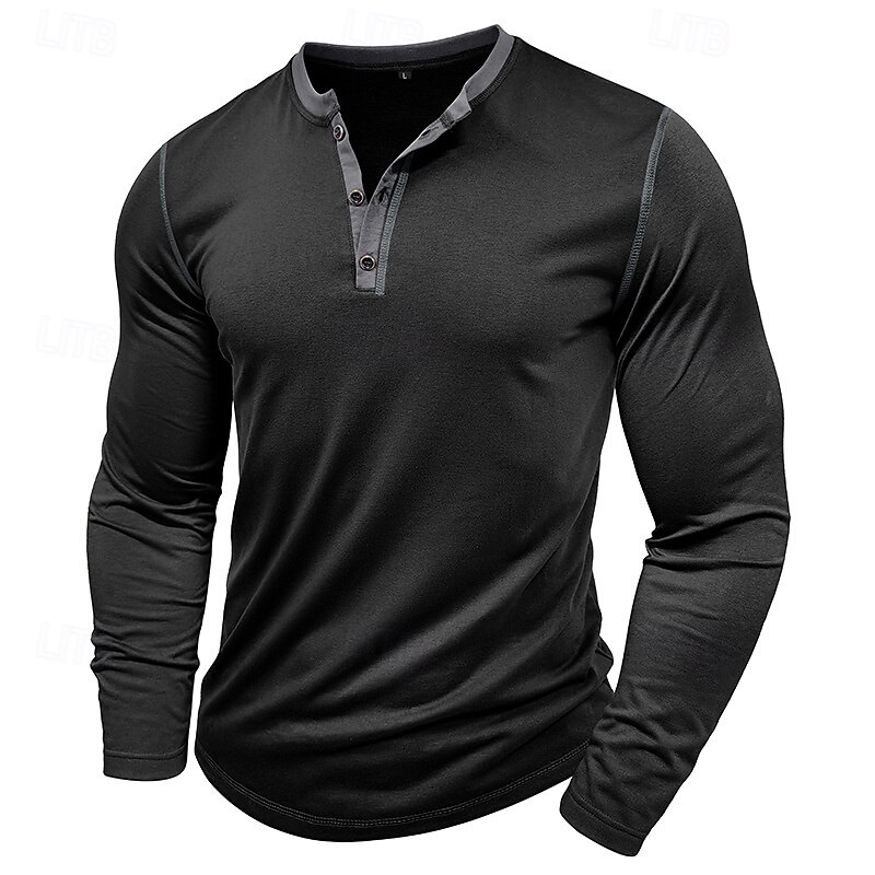 Men's Button T Shirt T Shirt Henley Shirt Tee Long Sleeve Henley Spring & Fall Color Block Fashion Designer Basic Patchwork Vacation Street Going out Wine Black White Top Tee for Men 23