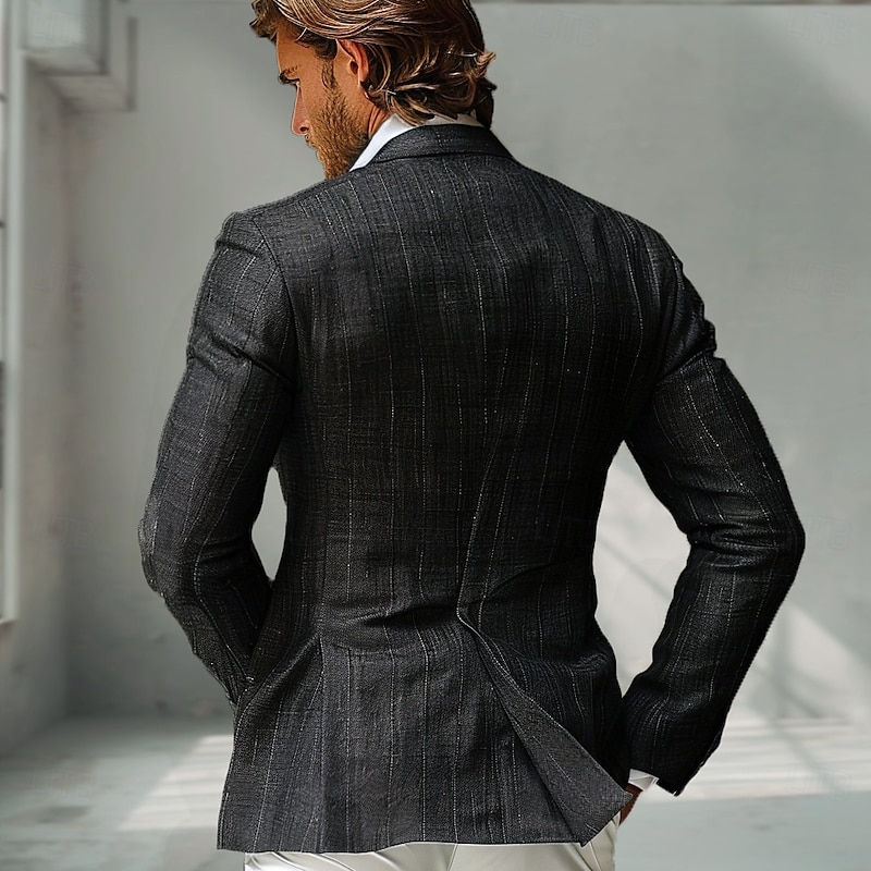 Men's 100% Linen Blazer Lightweight Jacket Outdoor Casual Without Lining Classic & Timeless Chic & Modern Spring &  Fall Linen Vertical Stripes Artistic Style Classic Style Blazer Black Navy Blue2