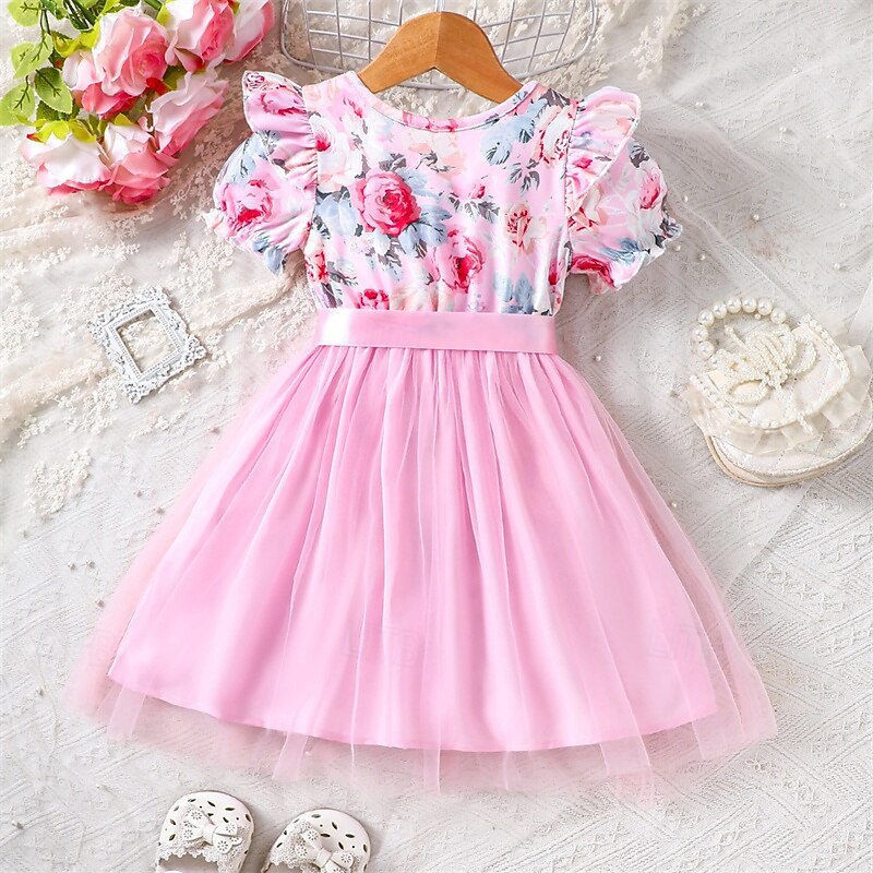 Easter Girls' 3D Floral Dress Short Sleeve Summer Vacation Daily Holiday Princess Beautiful Sweet Little Kids(4-7ys) 4-7 Years Casual Dress A Line Dress Tulle Dress Knee-length Regular Fit4