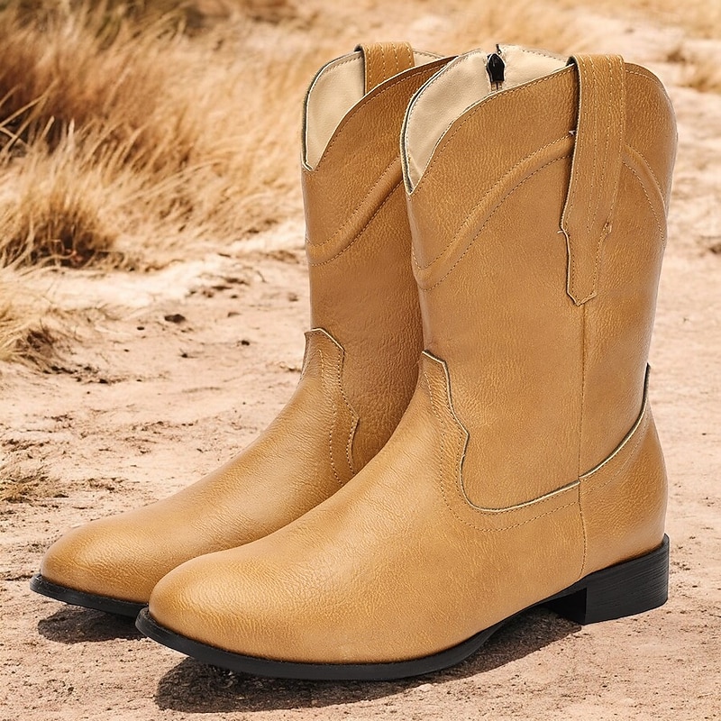 Men's Tan Faux Leather Western Cowboy Boots - Vintage Style with Durable Sole for Outdoor and Casual Wear