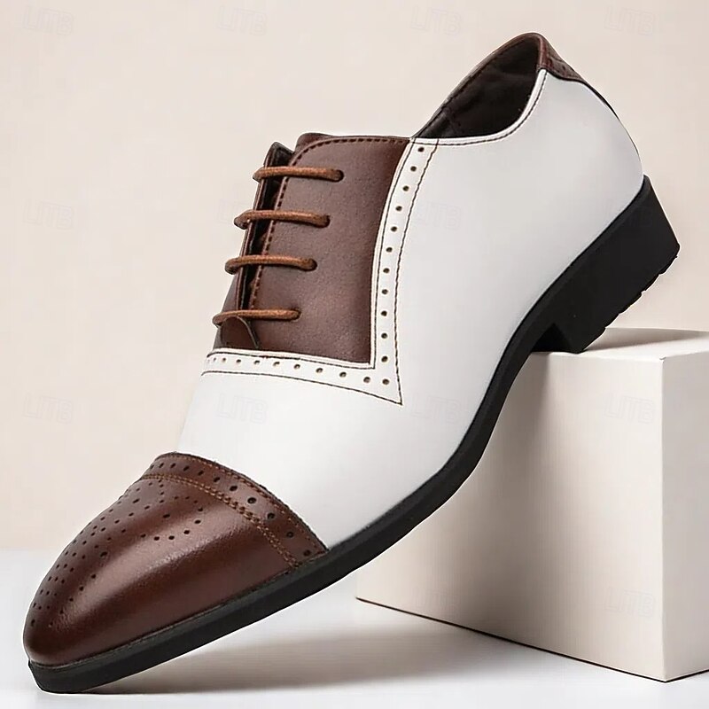 Men's Two-Tone Faux Leather Oxford Shoes - Classic Brown and White Brogue Design, Perfect for Formal Occasions