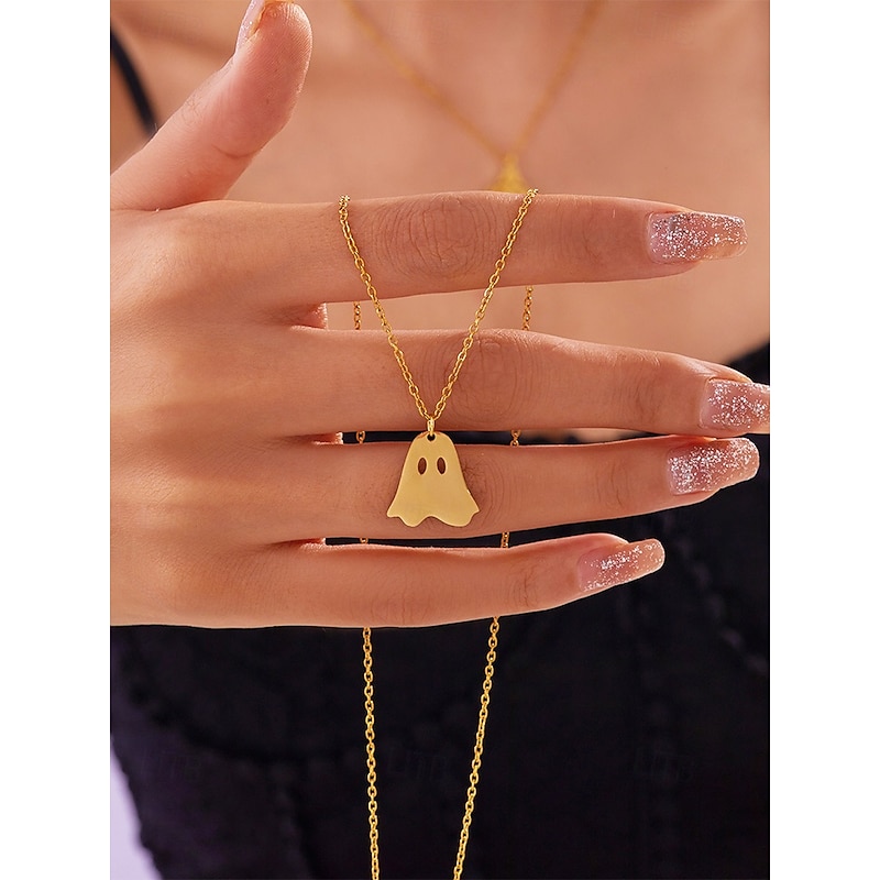 Halloween-Themed Stainless Steel Pendant Necklaces for Women, Featuring Pumpkin and Ghost Charms, Perfect for Costume Parties and Festive Occasions4