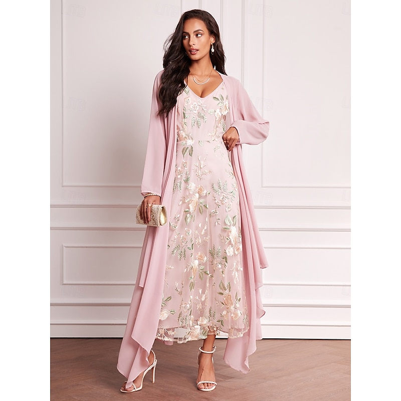 Women's Wedding Guest Dress Set Maxi Dress Chiffon Cardigan Embroidered Date Vacation Elegant V Neck Long Sleeve Pink Color Spring Summer Fall3