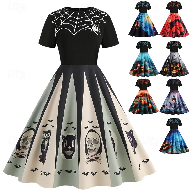 Pumpkin Skull Skeleton Spider Web Halloween Dress Flare Dress Punk & Gothic Sexy Costume Dress Up Adults' Women's Masquerade Dailywear Easy Halloween Costumes Dress Up