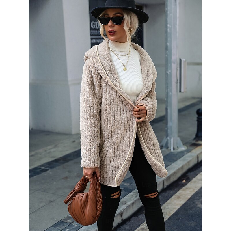 Women's Sherpa Jacket Teddy Coat Warm Zipper Pocket Fashion Casual Plain Work Open Front Turndown Loose Fit Long Sleeve Outerwear Black Red Gray Fall Winter4