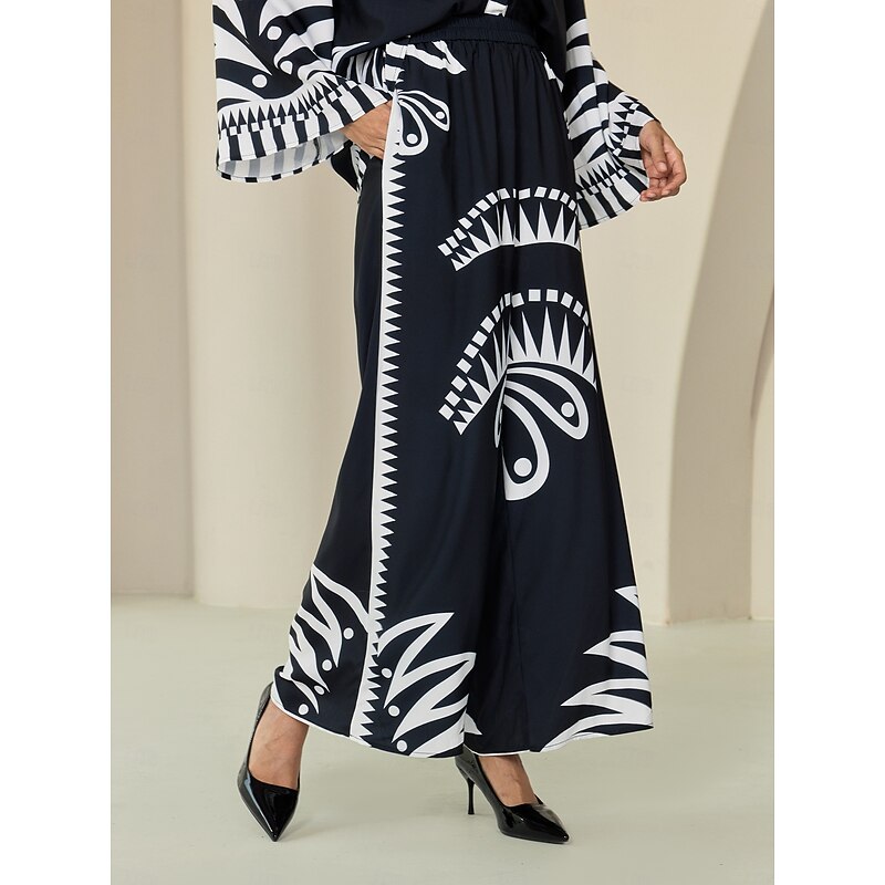 Women's Wide Leg Pants Black Satin Full Length Printing Casual Daily Spring Summer Fall3