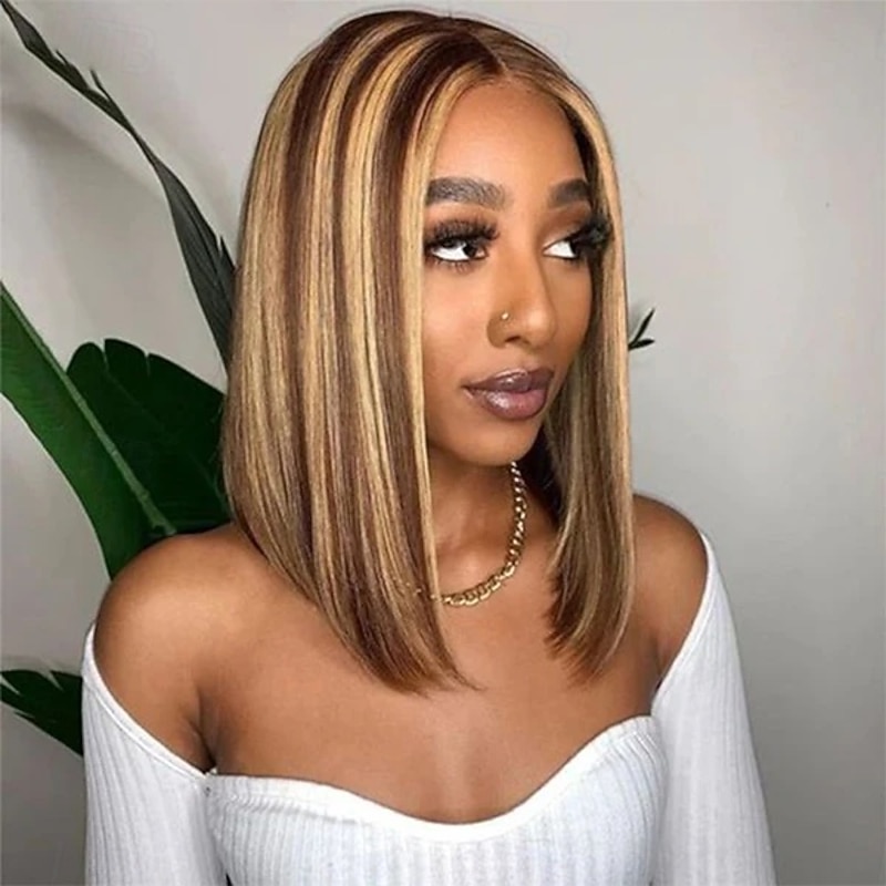 13x4 Lace Wig Highlight Straight Short Bob Wig Transparent Lace Frontal Human Hair Wigs For Women Ombre Highlight