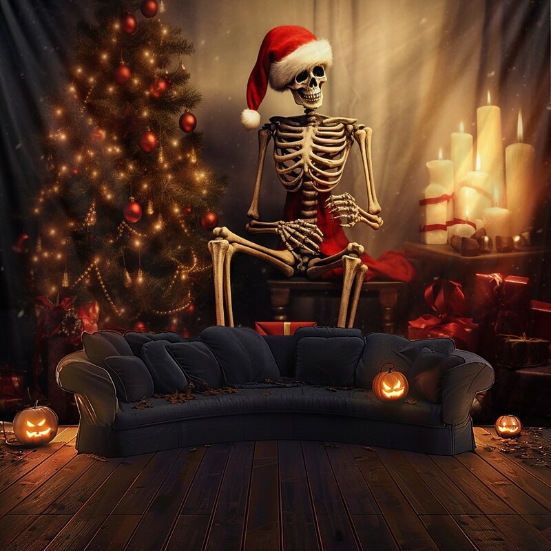 Hanging Tapestry Skull Christmas Hat Wall Art Large Tapestry Mural Decor Photograph Backdrop Blanket Curtain Home Bedroom Living Room Decoration2