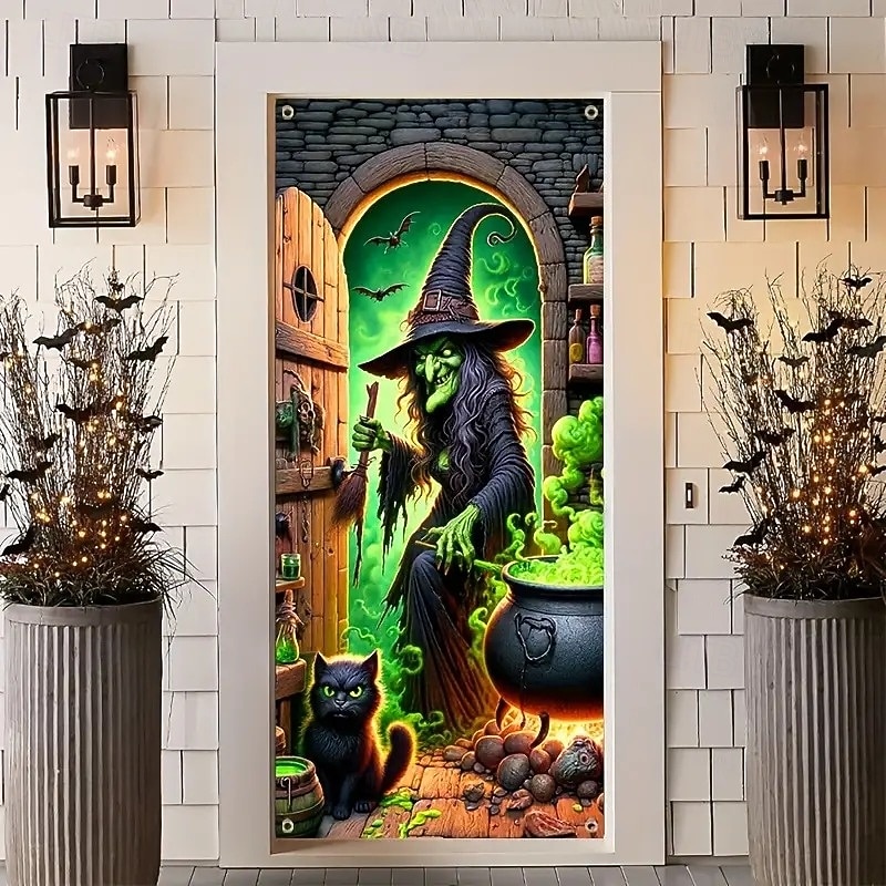 Halloween Door Decorations Halloween Door Covers Skeletons Pumpkin Door Tapestry Door Curtain Decoration Backdrop Door Banner for Front Door Farmhouse Holiday Party Decor Supplies