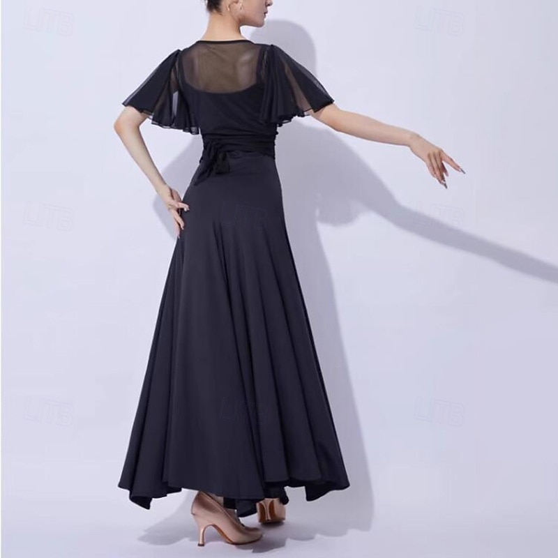 Ballroom Dance Dress Pure Color Splicing Women's Performance Party Short Sleeve Mesh Milk Fiber2
